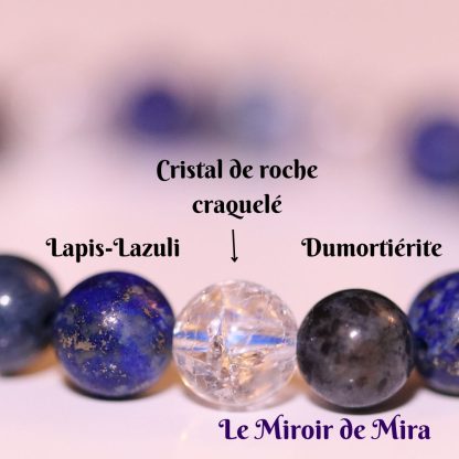 Perles semi précieuses associées au signe du Sagittaire (Lapis-lazuli, Dumortiérite et Cristal de roche craquelé)